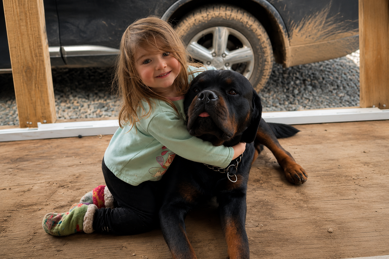 Rottweiler de Rutherford Haus junto a una niña